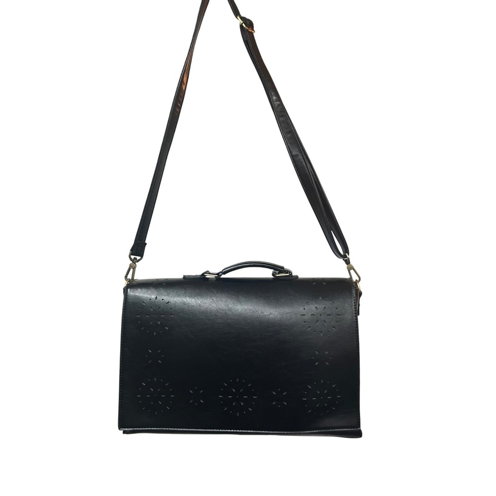 Ecosusi Black Vegan Leather Bag Satchel Messenger Laptop Breifcase Floral Cutout
